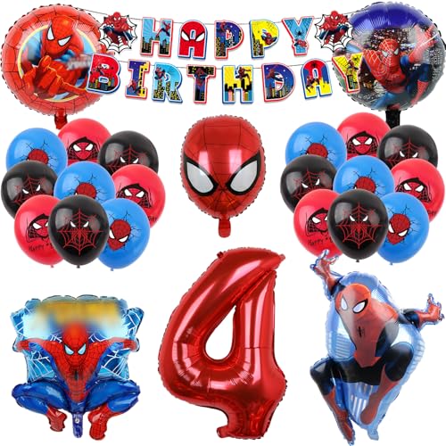 COQOYO Spidey Geburtstagsdeko Luftballons Set, Geburtstag Party Deko Ballons für 4 Jahre Jungen, Kindergeburtstag Helium Balloons, Cartoon Spider Folienballons mit Happy Birthday Banner für Kinder von COQOYO