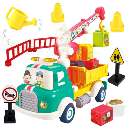 CORPER TOYS Bausteine Obst Transport Truck Spielzeug mit Straßenschild Set für Kinder mit Geräuschen, Lichtern und Sprüheffekt Fahrzeug Bauspielzeug Set Geschenk für Geburtstag Weihnachten von CORPER TOYS