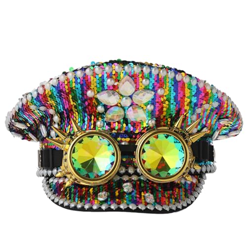 COSDREAMER Damen Burning Man Pailletten Hut Festival Militär Kapitän Hüte mit Brille (Regenbogen Diamant) von COSDREAMER