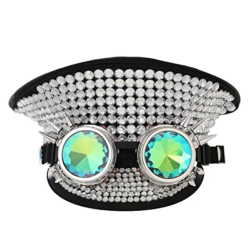 COSDREAMER Damen Burning Man Pailletten Hut Festival Military Captain Hüte mit Brille (White Diamant) von COSDREAMER