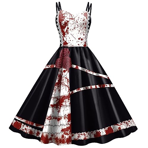 COSDREAMER Damen Halloween Kleid Vintage Gedruckt Ärmellos Strapskleider Cocktail Cosplay Party Swing Kostüm von COSDREAMER