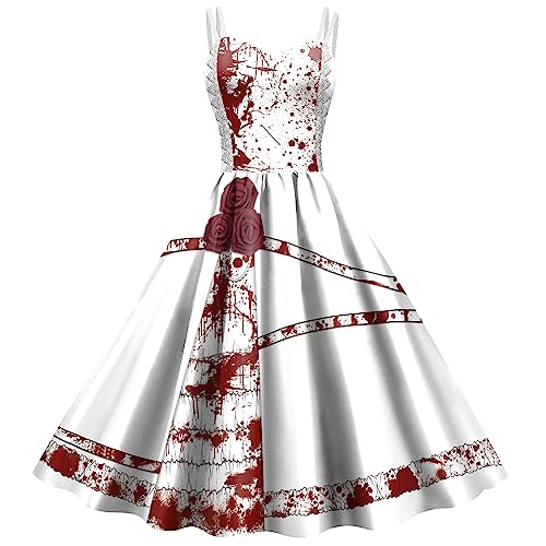 COSDREAMER Damen Halloween Kleid Vintage Gedruckt Ärmellos Strapskleider Cocktail Cosplay Party Swing Kostüm von COSDREAMER