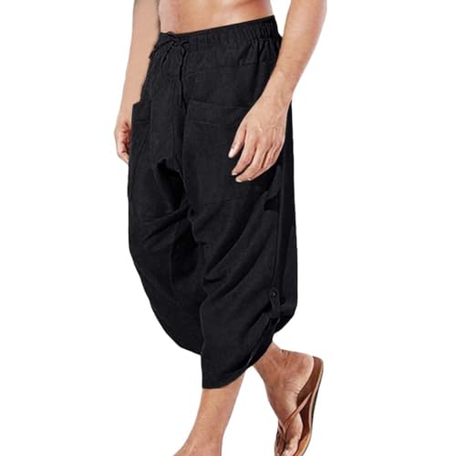 COSDREAMER Herren Mittelalter Hose Wikinger Pirat Kostüm Hose (medium, Schwarz 3/4) von COSDREAMER