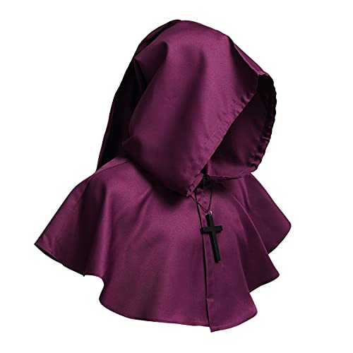 COSDREAMER Mittelalterliche Kapuzen Cowl Kreuz Halskette Halloween-Mantel für Dämonen Hexen Zauberer Cosplay Violett, One size von COSDREAMER