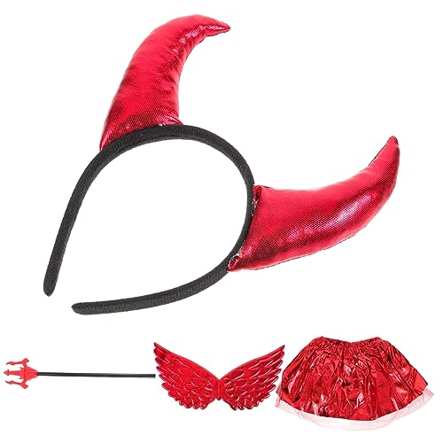 COSMEVIVI 1 Set Halloween Kopfschmuck Netzrock Teufel Stirnband Dämonenhörner Dämonenkostüm Teufelskostüm Heugabel Teufel Cosplay Requisite Party Teufel Requisite Rotes Tutu Aus von COSMEVIVI