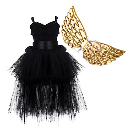 COSMEVIVI 1 Set Halloween Tutu Kleid Set Mit Goldenen Flügeln Schwarzes Netz Tutu Kleid Für ädchen Ärmelloses Rock Set Für Halloween Cosplay Party Größe 7 9 Jahre 120 von COSMEVIVI