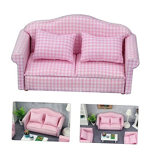 COSMEVIVI Miniatur Sofa Für Puppenhaus 1 Set Pinkes Karomuster Mit Kissen Puppenhaus öbel Dekoration Ideal Für Miniatur Wohnräume Und Kreative Spielwelten von COSMEVIVI