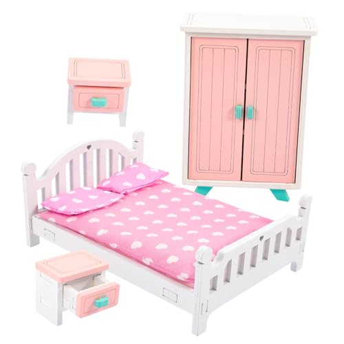 COSMEVIVI Dollhouse 1 Set Miniaturmöbel Holzspielzeug Schlafzimmer Miniaturbett Nachttisch Puppenhaus Dekoration Für Kinderzimmer Puppen Für Puppenhaus von COSMEVIVI