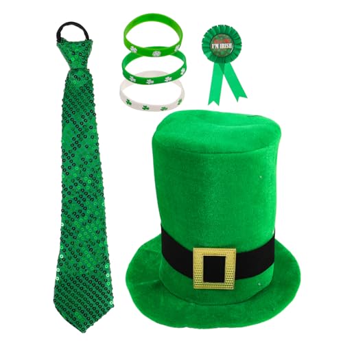 COSMEVIVI 1 Set St. Patrick's Day-kostüm, Foto-requisite, Hübsches Zylinder-set, Grünes Kleeblatt-outfit, Festliches Irisches Kostüm-set Mit Abzeichen, Kragen, Krawatte Und Armband von COSMEVIVI