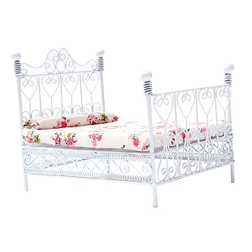 COSMEVIVI 12 Miniatur Metall Doppelbett Mit Blumenmatratze Puppenhaus Schlafzimmermöbel Weiß Ideal Für Kreative Spielwelten Und Miniatur Dekoration von COSMEVIVI