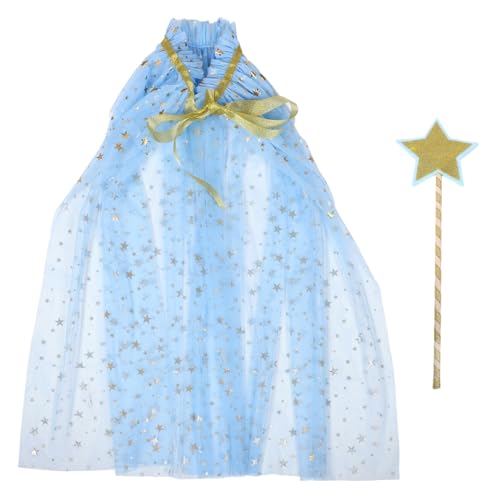 COSMEVIVI Prinzessin Kinder Halloween Cape Pailletten Mesh Tüll Fee Umhang Dress Up Hexen Kostüm Mit Engel Zauberstab Sticks Für Kleinkind Himmelblau von COSMEVIVI