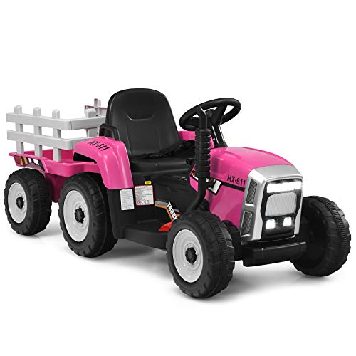 COSTWAY 12V 3-Gang Traktor mit abnehmbarem Anhänger und 2,4G Fernbedienung, Kinder Aufsitztraktor mit LED Lichtern, Musik, Hupe & USB Funktionen, geeignet für Kinder ab 3 Jahren (Rosa) von COSTWAY