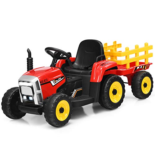 COSTWAY 12V 3-Gang Traktor mit abnehmbarem Anhänger und 2,4G Fernbedienung, Kinder Aufsitztraktor mit LED Lichtern, Musik, Hupe & USB Funktionen, geeignet für Kinder ab 3 Jahren (Rot) von COSTWAY