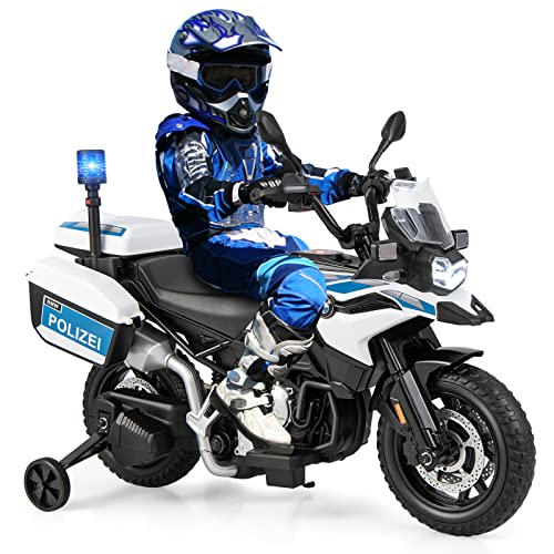 COSTWAY 12V BMW Kinder Elektromotorrad Polizei mit Musik und Polizeilicht, Kindermotorrad mit 2 Stützrädern, 3-6 km/h, geeignet für Kinder ab 3 Jahre alt von COSTWAY