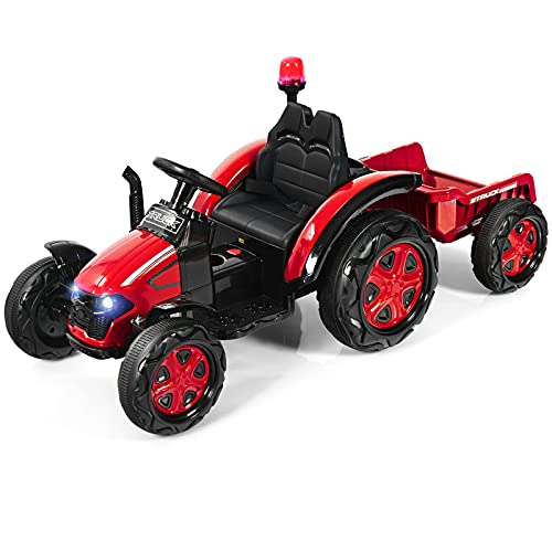 COSTWAY 12V Elektro Traktor für Kinder mit abnehmbarem Anhanger und 2,4G Fernbedienung, Aufsitztraktor 3-8 km/h mit Warnleuchte, Hupe, Musik, Getränkehalter, geeignet fur Kinder ab 3 Jahren (Rot) von COSTWAY