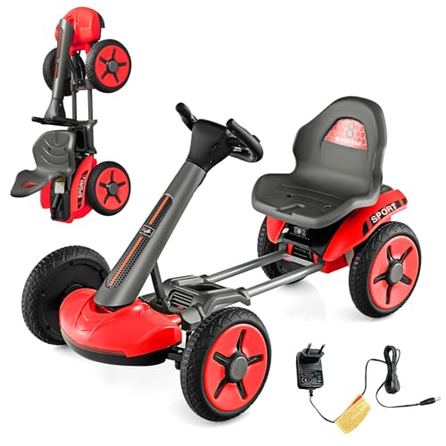 COSTWAY 12V Kinder Elektro Gokart mit LED Lichter, Go Kart mit 2-Fach verstellbarem Lenkrad & Sitz, inkl. Getränkehalter, EIN-Knopf-Start, für Kinder ab 2 Jahre alt (Rot) von COSTWAY