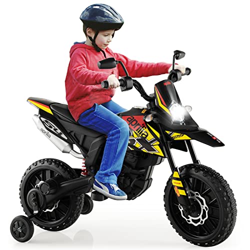 COSTWAY Aprilia Elektro Motorrad Kinder, 12V Kindermotorrad mit Stützrädern & Musik & Scheinwerfer, 5,5-6 km/h, geeignet für Kinder von 3 bis 8 Jahren (Schwarz) von COSTWAY