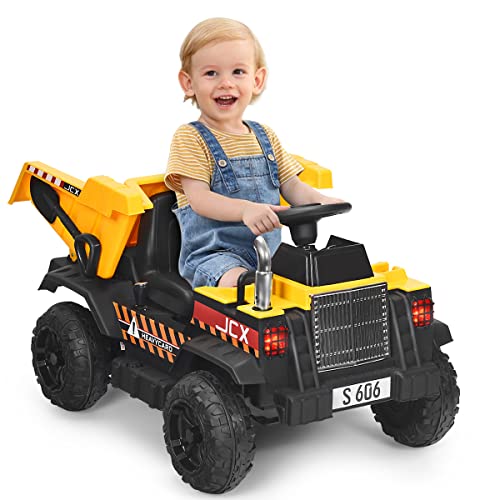 COSTWAY 12V Kinder Traktor mit elektrischen Heckschaufel, 3-Gang Aufsitztraktor mit 2,4G-Fernbedienung, Lichtern, Musik und Radio, Elektrotraktor 3-5 km/h für Kinder von 3-8 Jahren von COSTWAY