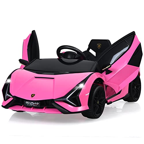 COSTWAY 12V Lamborghini Kinder Elektroauto mit 2,4G-Fernbedienung, Kinderauto 3-5km/h mit MP3, Radio, Musik und LED-Scheinwerfer, für Kinder von 3-8 Jahren (Rosa) von COSTWAY