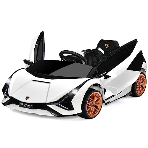 COSTWAY 12V Lamborghini Kinder Elektroauto mit 2,4G-Fernbedienung, Kinderauto 3-5km/h mit MP3, Radio, Musik und LED-Scheinwerfer, für Kinder von 3-8 Jahren (Weiß) von COSTWAY