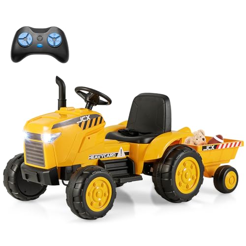 COSTWAY 12V Traktor mit Abnehmbarem Anhänger, Kindertraktor Elektrisch mit 2,4G Fernbedienung & Lichtern & Hupe & USB & MP3, Elektro Traktor für Kinder ab 3 Jahren (Gelb) von COSTWAY