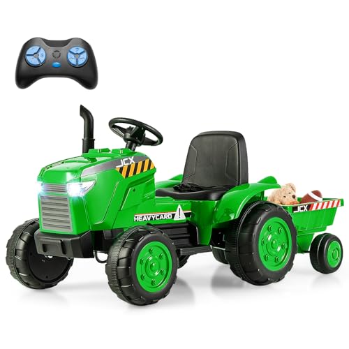 COSTWAY 12V Traktor mit Abnehmbarem Anhänger, Kindertraktor Elektrisch mit 2,4G Fernbedienung & Lichtern & Hupe & USB & MP3, Elektro Traktor für Kinder ab 3 Jahren (Grün) von COSTWAY