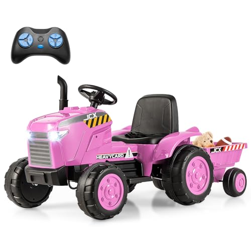 COSTWAY 12V Traktor mit Abnehmbarem Anhänger, Kindertraktor Elektrisch mit 2,4G Fernbedienung & Lichtern & Hupe & USB & MP3, Elektro Traktor für Kinder ab 3 Jahren (Rosa) von COSTWAY