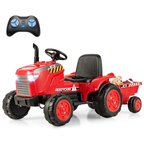 COSTWAY 12V Traktor mit Abnehmbarem Anhänger, Kindertraktor Elektrisch mit 2,4G Fernbedienung & Lichtern & Hupe & USB & MP3, Elektro Traktor für Kinder ab 3 Jahren (Rot) von COSTWAY