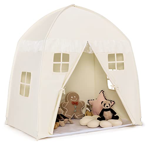 COSTWAY 143 x 100 x 155 cm Spielhaus für 2-3 Kinder, Prinzessin Prinzess Kinderzelt, Kinderspielzelt mit Fenstern und doppeltem Vorhang, Spielzelt In- & Outdoor (Beige) von COSTWAY