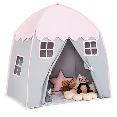 COSTWAY 143 x 100 x 155 cm Spielhaus für 2-3 Kinder, Prinzessin Prinzess Kinderzelt, Kinderspielzelt mit Fenstern und doppeltem Vorhang, Spielzelt In- & Outdoor (Rosa) von COSTWAY