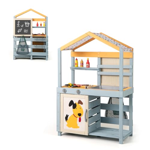 COSTWAY 2-IN-1 Matschküche Kinder Outdoor, Kinderküche Holz mit Tasche & Körben, Tafel & Zubehör, Spielküche mit ausnehmbarem Spülbecken, Outdoorküche für Kinder ab 3 Jahren von COSTWAY