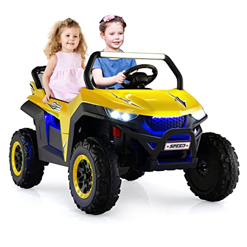 COSTWAY 2 Sitzer Kinderauto mit 2,4G Fernbedienung, 12V Kinder UTV mit Musik und Scheinwerfer, Elektro Auto 2-4 km/h, für Kinder ab 3 Jahren (Gelb) von COSTWAY