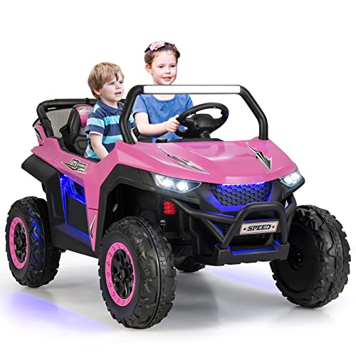 COSTWAY 2 Sitzer Kinderauto mit 2,4G Fernbedienung, 12V Kinder UTV mit Musik und Scheinwerfer, Jeep Auto 2-4 km/h, für Kinder ab 3 Jahren (Rosa) von COSTWAY