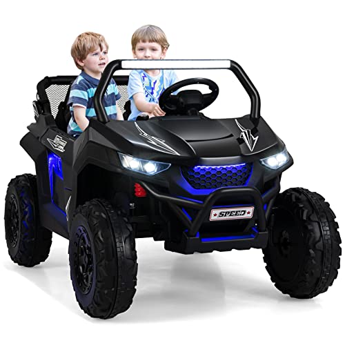 COSTWAY 2 Sitzer Kinderauto mit 2,4G Fernbedienung, 12V Kinder UTV mit Musik und Scheinwerfer, Jeep Auto 2-4 km/h, für Kinder ab 3 Jahren (Schwarz) von COSTWAY