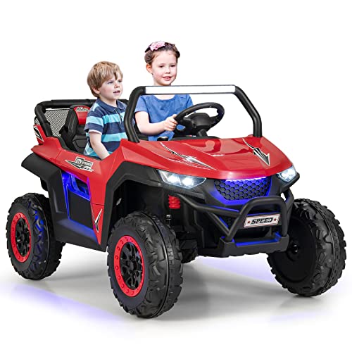 COSTWAY 2 Sitzer Kinderauto mit 2,4G Fernbedienung,12V Kinder UTV mit Musik und Scheinwerfer, Elektro Auto 2-4 km/h, für Kinder ab 3 Jahren (Rot) von COSTWAY