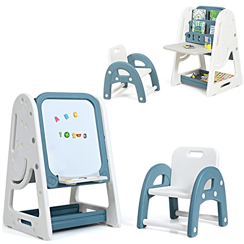 COSTWAY 2 in 1 Kinder Staffelei & Kindersitzgruppe mit Bücherregal, Kindertisch & -Stuhl mit Aufbewahrungsablage und klappbarer Tischplatte, Standtafel mit Malzubehör (Blau) von COSTWAY