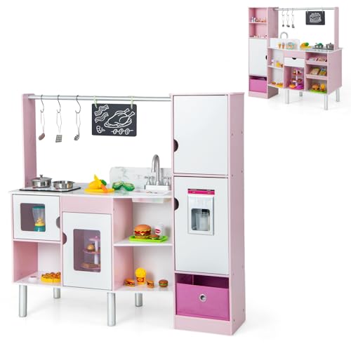 COSTWAY 2 in 1 Kinderküche & Kaufladen, Spielküche mit Licht und Sound, interaktiver Eismacher & Tafel, inkl. 82 Zubehörteile, doppelseitig, Spielzeugküche für Kinder ab 3 Jahren von COSTWAY
