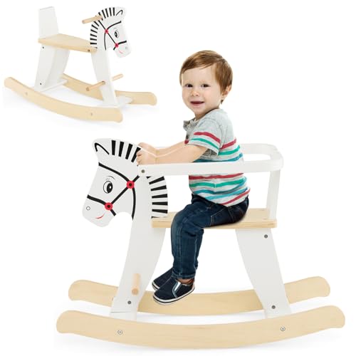 COSTWAY 2 in 1 Zebra Schaukelpferd, Schaukeltier aus Holz mit abnehmbaren Zäunen & Rückenlehne, Schaukelwippe Holzschaukelpferd für Baby ab 3 Jahren, Weiß von COSTWAY