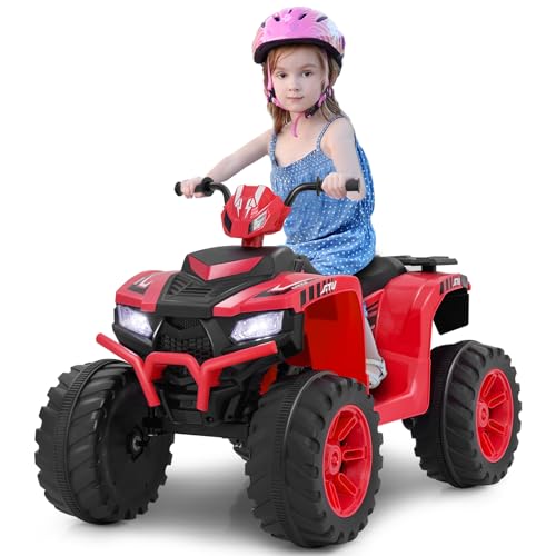 COSTWAY 24V Elektro Kinderquad, Elektroquad mit drahtloser Verbindung, Musik, Radio, Profilreifen, LED-Leuchten, 2 Geschwindigkeiten, Elektro Quad für Kinder von 3 bis 8 Jahren (Rot) von COSTWAY