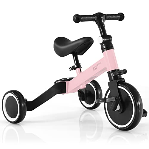 COSTWAY 3 in 1 Kinder Dreirad & Laufrad & Balance Bike mit verstellbarem Sitz und Lenker, Kinder Tricycle mit abnehmbaren Pedalen (Rosa) von COSTWAY