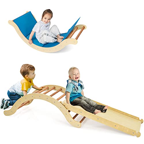 COSTWAY Kletterbogen mit Rutsche, Kletterdreieck Holz, 3 in 1 Klettergerüste Indoor zum Rutschen, Klettern und Wippen, inkl. umkehrbare Rampe, für Kinder ab 1 Jahre (Natur) von COSTWAY