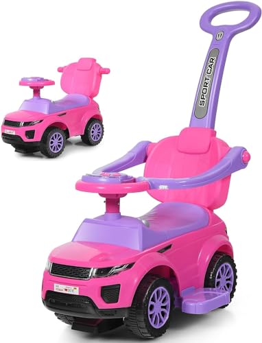 COSTWAY 3 in 1 Rutschauto Schiebeauto, Rutschfahrzeug mit abnehmbarem Schiebgriff, Schutzbügel & verstecktem Stauraum, Spielzeugauto mit Hupe Musik Licht, Kinderauto für Kinder ab 1 Jahr (Rosa) von COSTWAY