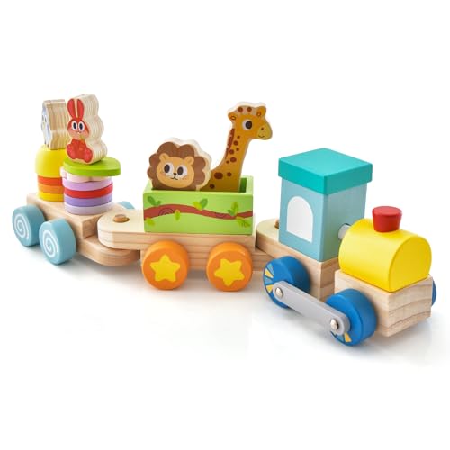 COSTWAY 3 teiliges Holz Eisenbahn Set, Kinder Holzzug stapelbar mit Bausteinen & bunten Tierfiguren, Bausteinzug Lokomotiven pädagogisch für Jungen & Mädchen ab 3 Jahren (Modell 1) von COSTWAY