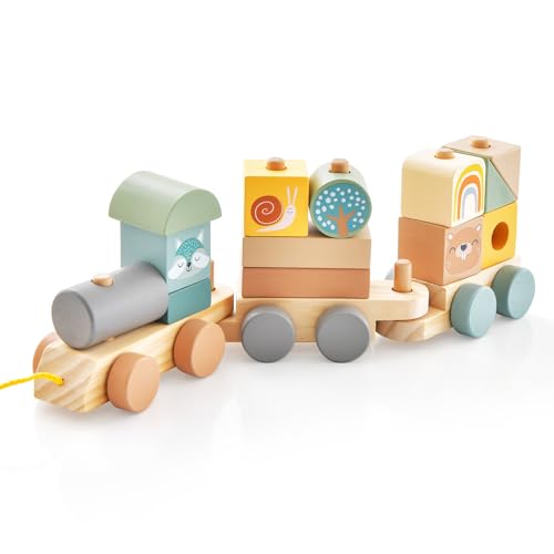 COSTWAY 3 teiliges Holz Eisenbahn Set, Kinder Holzzug stapelbar mit Bausteinen & bunten Tierfiguren, Bausteinzug Lokomotiven pädagogisch für Jungen & Mädchen ab 3 Jahren (Modell 3) von COSTWAY