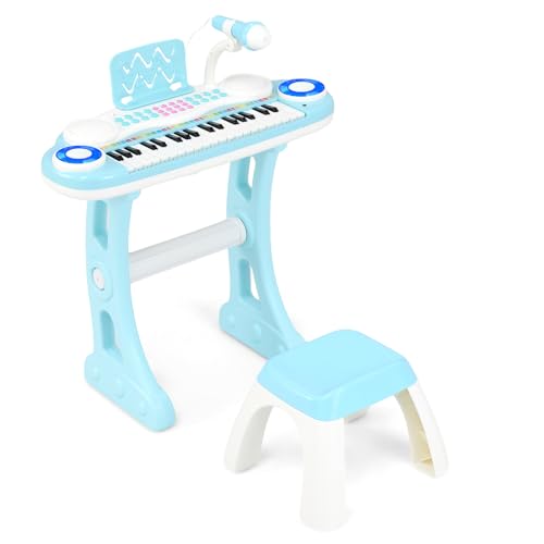 COSTWAY 37 Tasten Klaviertastatur mit Licht, Elektro Kinder Keyboard Aufnahme & Wiedergabe, Klavier Spielzeug mit Mikrofon, Ständer & Hocker, Spielzeugklavier für Kinder ab 18 Monaten (Blau) von COSTWAY