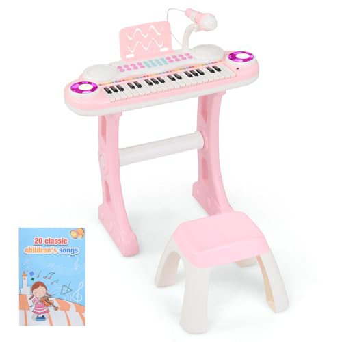 COSTWAY 37 Tasten Klaviertastatur mit Licht, Elektro Kinder Keyboard Aufnahme & Wiedergabe, Klavier Spielzeug mit Mikrofon, Ständer & Hocker, Spielzeugklavier für Kinder ab 18 Monaten (Rosa) von COSTWAY