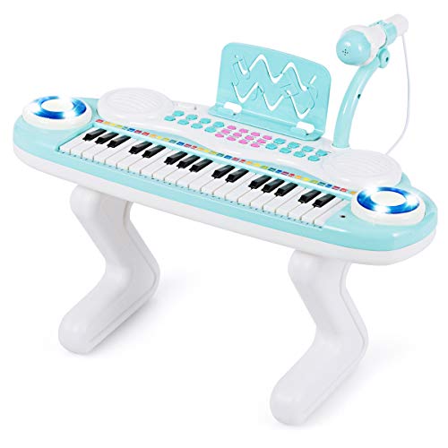 COSTWAY 37 Tasten Klaviertastatur mit Licht, Kinder Keyboard mit Ständer, Klavier Spielzeug elektronisch, Musikinstrument mit Aufnahme- und Abspiel-Funktion, inkl. Mikrofon (Blau) von COSTWAY