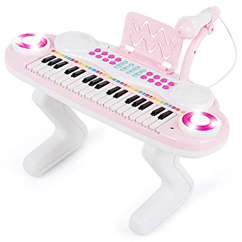 COSTWAY 37 Tasten Klaviertastatur mit Licht, Kinder Keyboard mit Ständer, Klavier Spielzeug elektronisch, Musikinstrument mit Aufnahme- und Abspiel-Funktion, inkl. Mikrofon (Pink) von COSTWAY