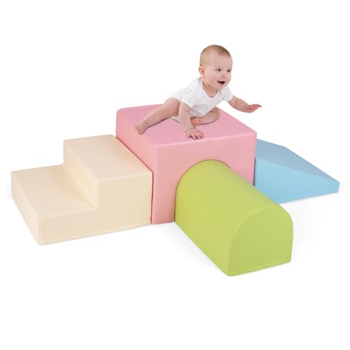 COSTWAY 4 TLG. Schaumstoffbausteine, Softbausteine zum Klettern und Toben, Riesenbausteine aus Schaumstoff, Großbausteine Bauklötze Indoor für Babys und Kleinkinder (Rosa+Blau) von COSTWAY