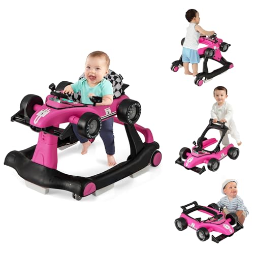 COSTWAY 4 in 1 Lauflernhilfe, Lauflernwagen klappbar mit einstellbarer Höhe & Geschwindigkeit, Baby Walker Autoförmig mit Musikbox, Licht & Rädern, Gehfrei Baby ab 6 Monaten, 15kg Belastbar (Hot Pink) von COSTWAY